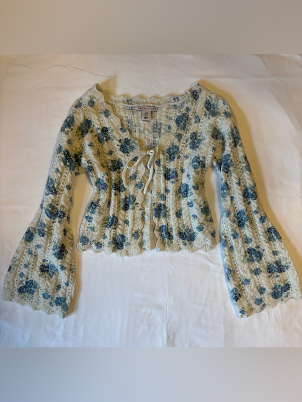 Cream Cable Knit Cardigan with Blue Floral Print
